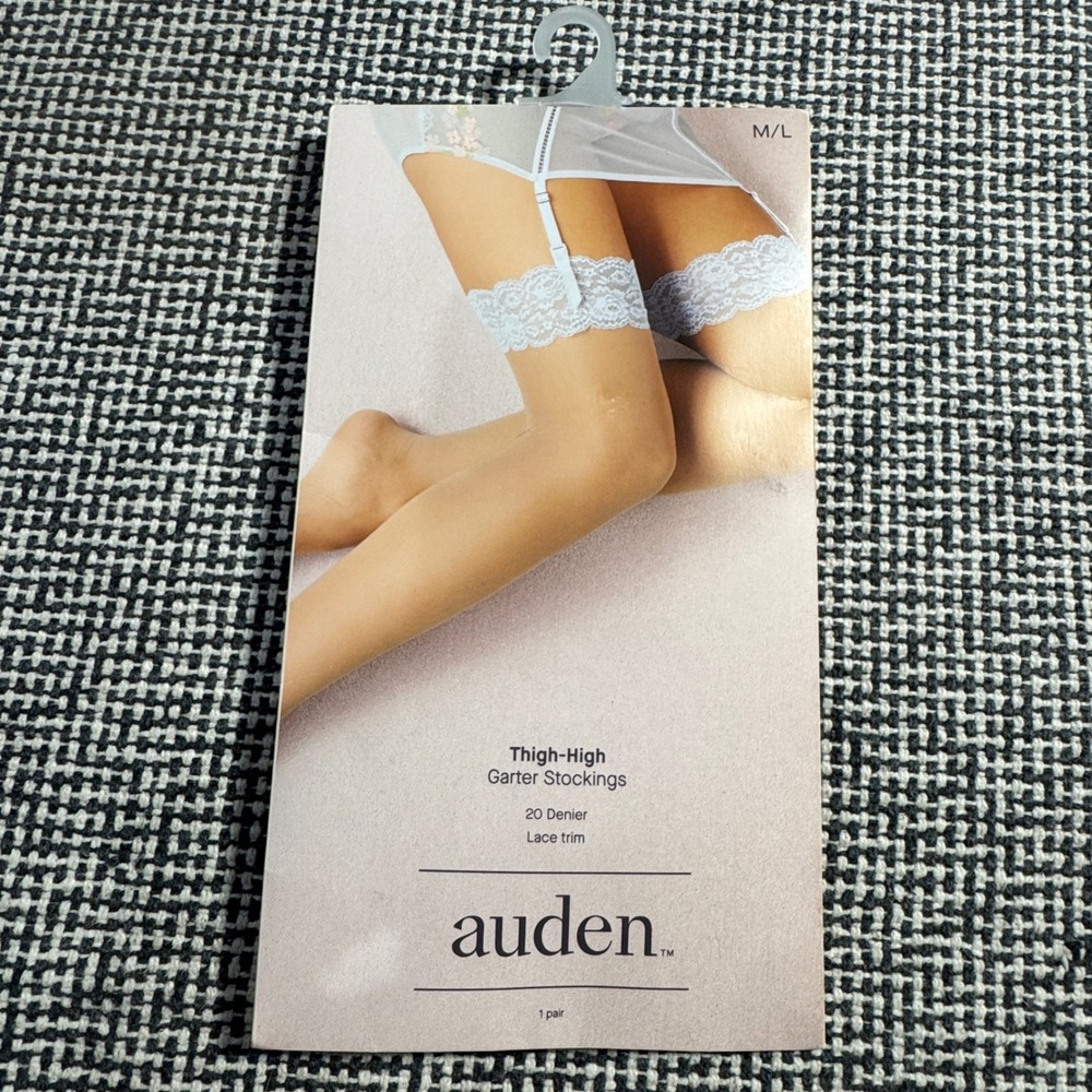 Auden Womens Thigh-High Garter Stockings Lace Trim Sheer 20D Beige Blue M/L NEW
